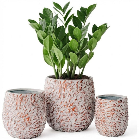 XBrand Fiberstone Cement Plant Pots with Drainage Holes – Set of 3 Textured Round Decorative Planters for Houseplants (19.3", 15.4", 12.2"), Modern Indoor Outdoor Home & Patio Décor, Beige Whitewash