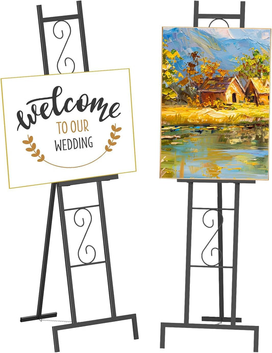 2 Pack Easel Stand for Sign, Metal Easels with Chain Support, Adjustable Free Standing Painting Rack for Display, Poster Picture, Wedding Sign,17" x 17" x 58", Black