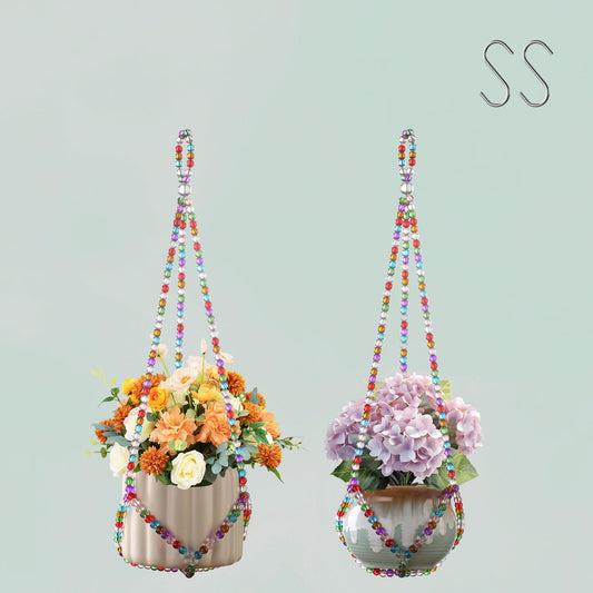 17''，2 Pack Macrame Plant Hanger, Handmade Glass Bead Plant Hanger Colorful Decorative Bohemian Hanging Planter Holder for Indoor and Outdoor Home Garden Decor. Includes Two Hooks.