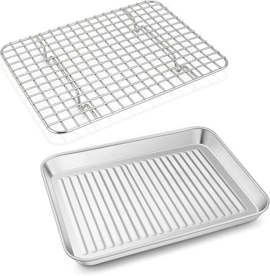 P&P CHEF Baking Oven Pan - Stainless Steel Sheet Tray with Wire Rack | Dishwasher Safe, 10.5 x 8 x 1 Inch