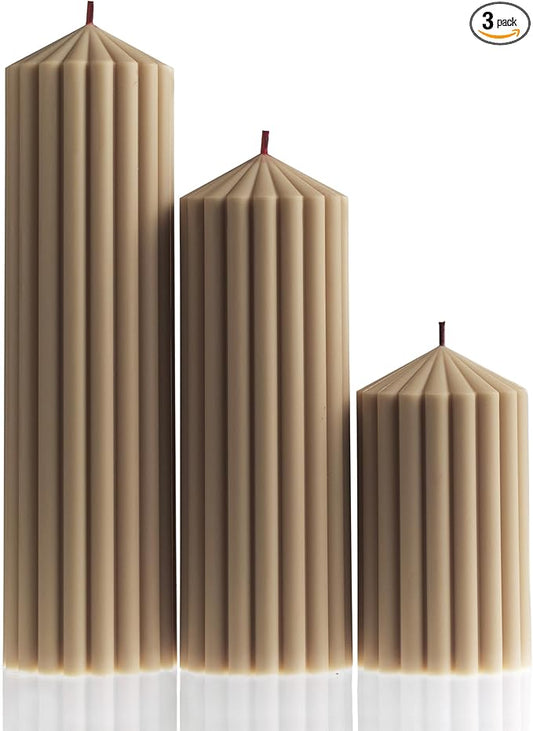 LAWA Ribbed Peak Pillar Candle - Large Beautiful Handmade Pillar Scented Soy Wax Candle Elegant Bubble Aesthetic Candle Housewarming Gift Home Room Shelf Decor Idea White (Set of 3, Sandstone)