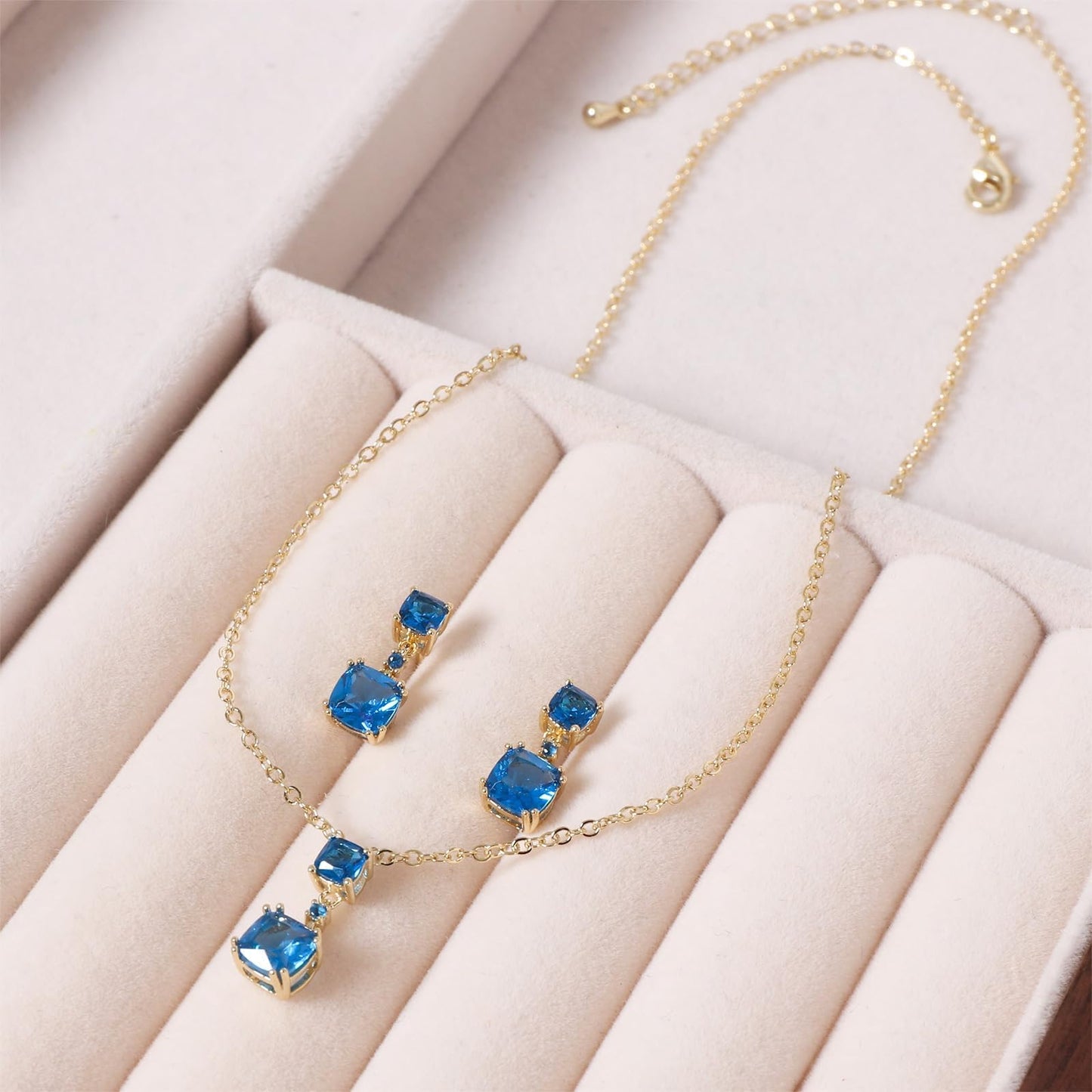 TaYolnFaSo Blue Cubic Zirconia Jewelry Sets for Women 14k Gold Plated Cushion-Cut Necklace Earring Set Blue JCZ ewelry Birthday Gifts for Mother