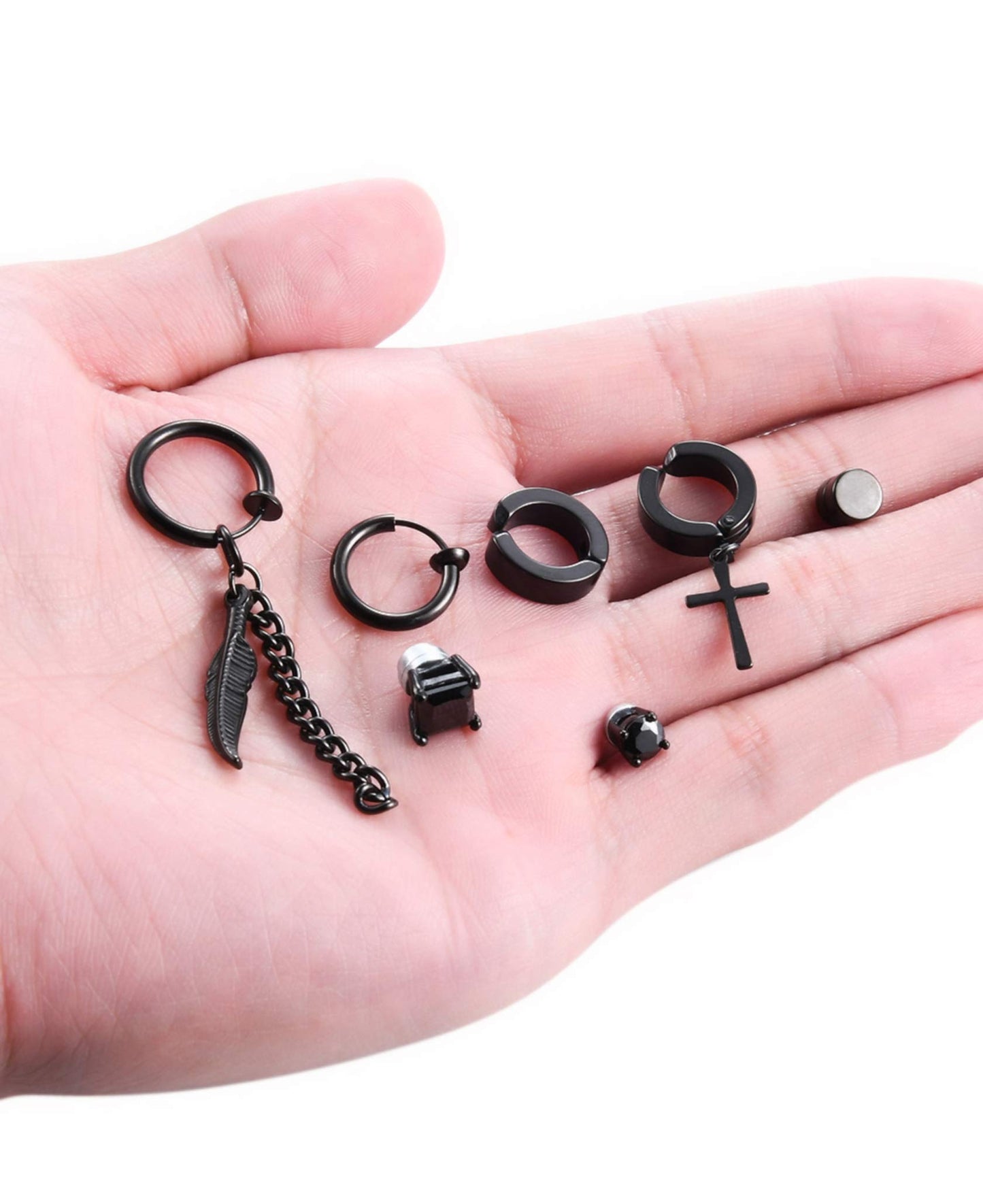Ofeiyaa 7 Pairs Magnetic Stud Earrings Stainless Steel CZ Clip On Earring Non-Piercing Huggie Hoop Earring Chain Feather Pendant Drop Dangle Earrings Set For Women Men Black Silver Tone