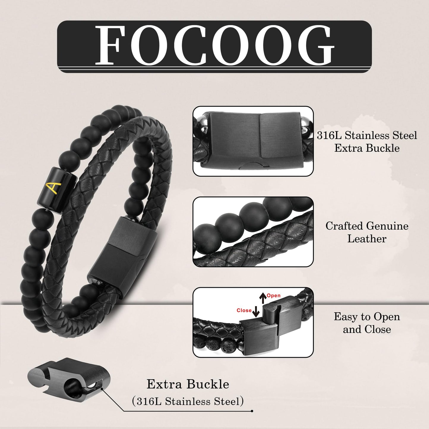 Leather Bracelets for Men - Mens Bracelet with Initial Matte Agate Bead Magnetic Clasp Black Mens Leather Bracelets for Men Gifts Black Initial Q Bracelet for Men's Jewelry Men's Gifts for Dad Husband