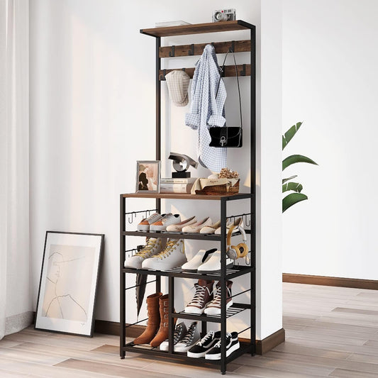 GiftGo Vintage Large 5-Tier Hall Tree with Console Table Entryway Coat Rack Floor Standing Shoes Rack Storage Shelf Organizer for Home Office Bedroom (Rustic Brown)