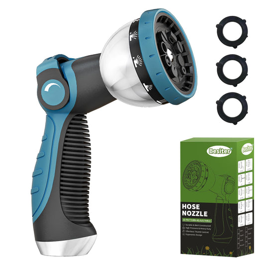 Besiter Garden Hose Nozzle, Hose Sprayer Nozzle with 10 Spray Patterns, Thumb Control On Off Valve, High Pressure Metal Water Hose Nozzle for Car Wash, Plants, Pets & Outdoor Cleaning, Blue
