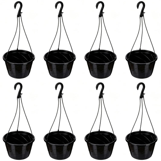 Romooa 8 Pcs 10 Inch Modern Euro Swirl Hanging Planter Uv-Resistant Plastic Hanging Basket Smart Drainage Lightweight Indoor Outdoor Flower Pots for Garden Porch Balcony Patio Home Decor (Black)