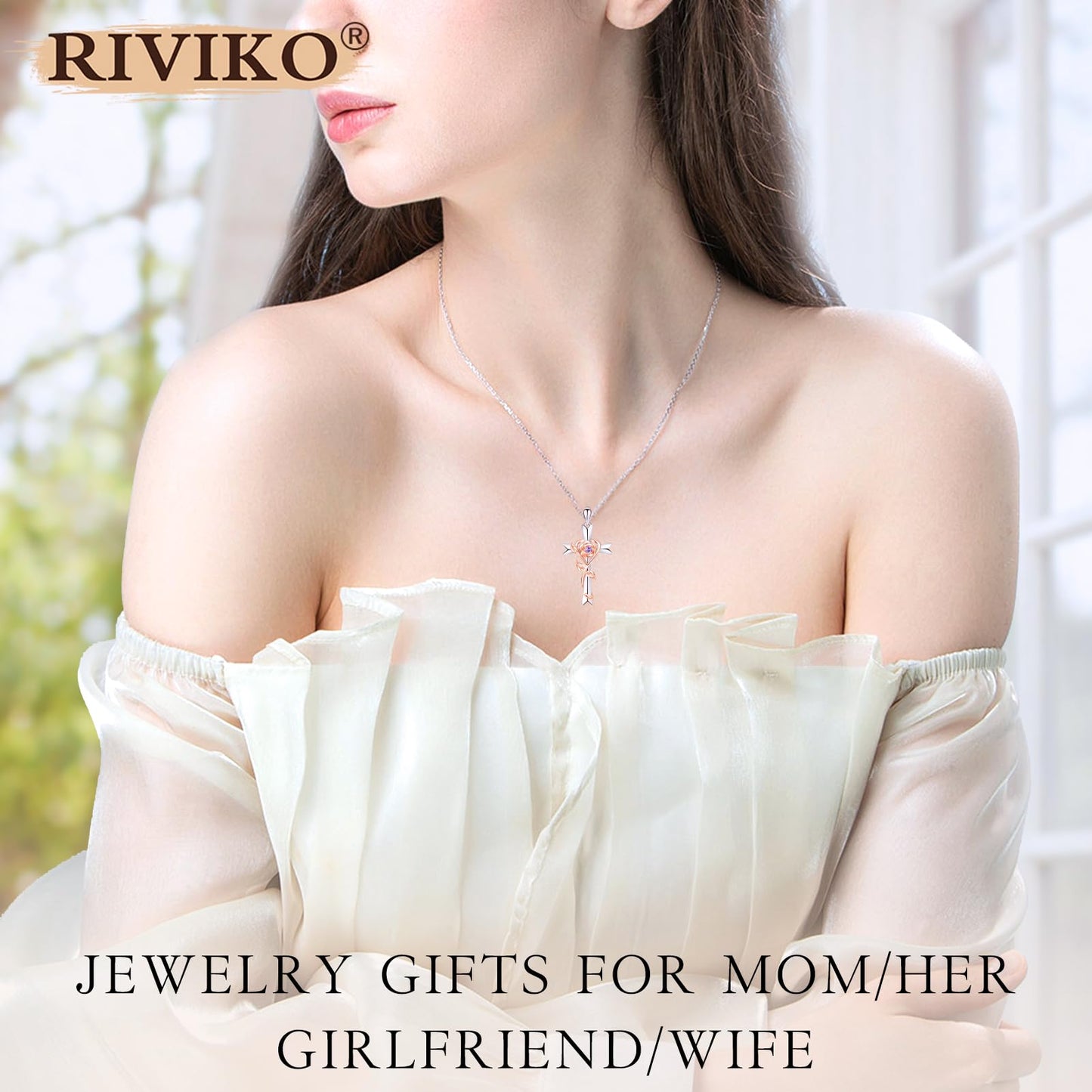 RIVIKO 925 Sterling Silver Cross Feb Birthstone Necklace for Women Cross Rose Pendant Necklaces Trendy Anniversary Jewelry Birthday Gift for Women Her Wife Girlfriends Daughter