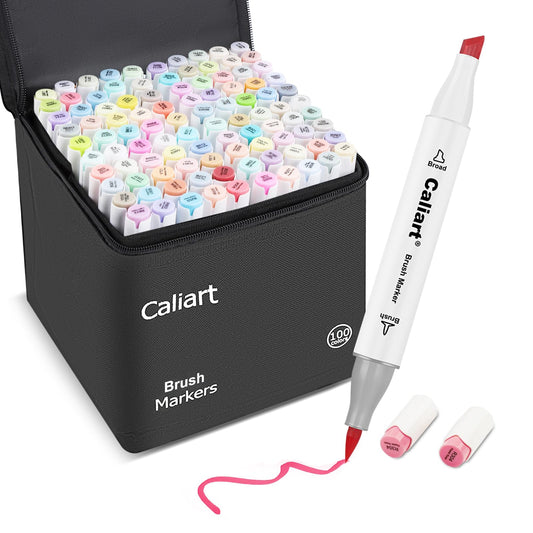Caliart Pastel Alcohol Markers Brush Tip, 100 Colors Dual Tip Coloring Marker Pen Set Brush & Chisel, Art Supplies Gift for Adults Coloring Book Artists Sketch Drawing Illustration