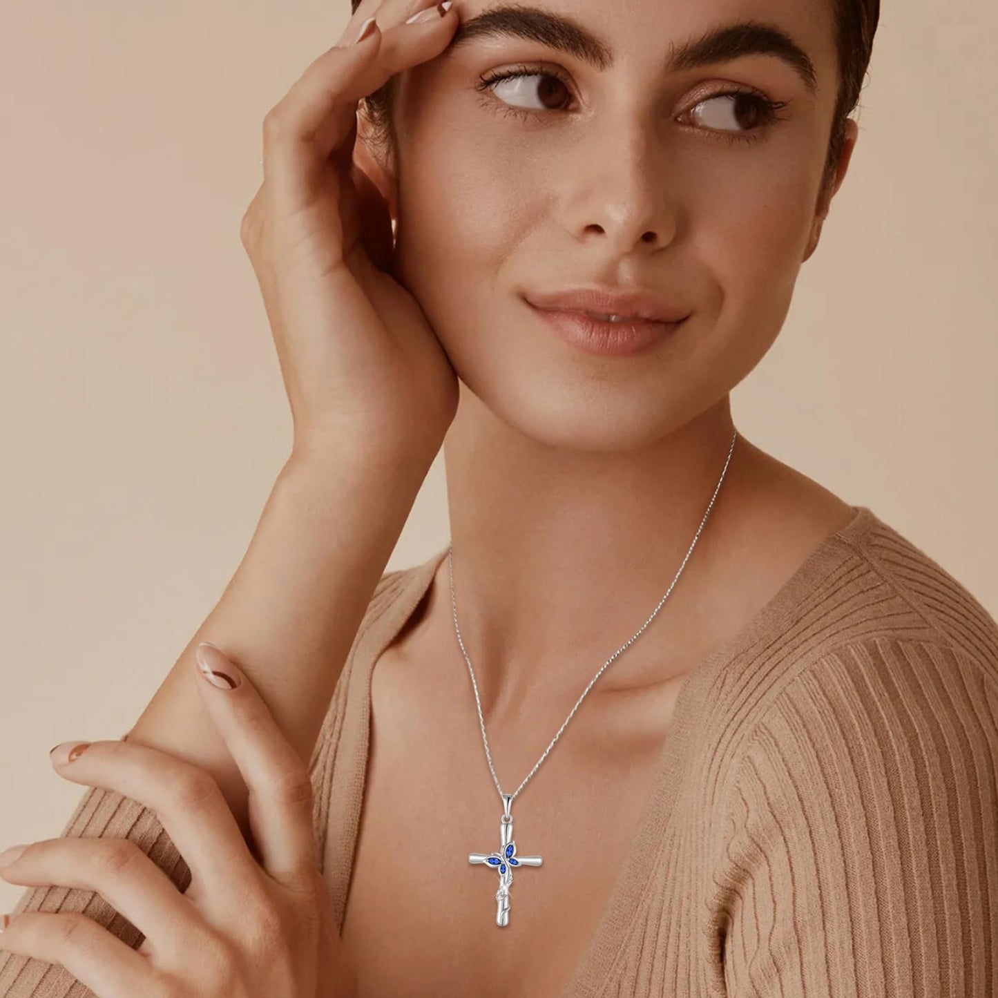 Blaniy Cross Necklace for Women 925 Sterling Silver Butterfly Necklace Sapphire Pendant Necklaces September Birthstone Jewelry Gifts for Women