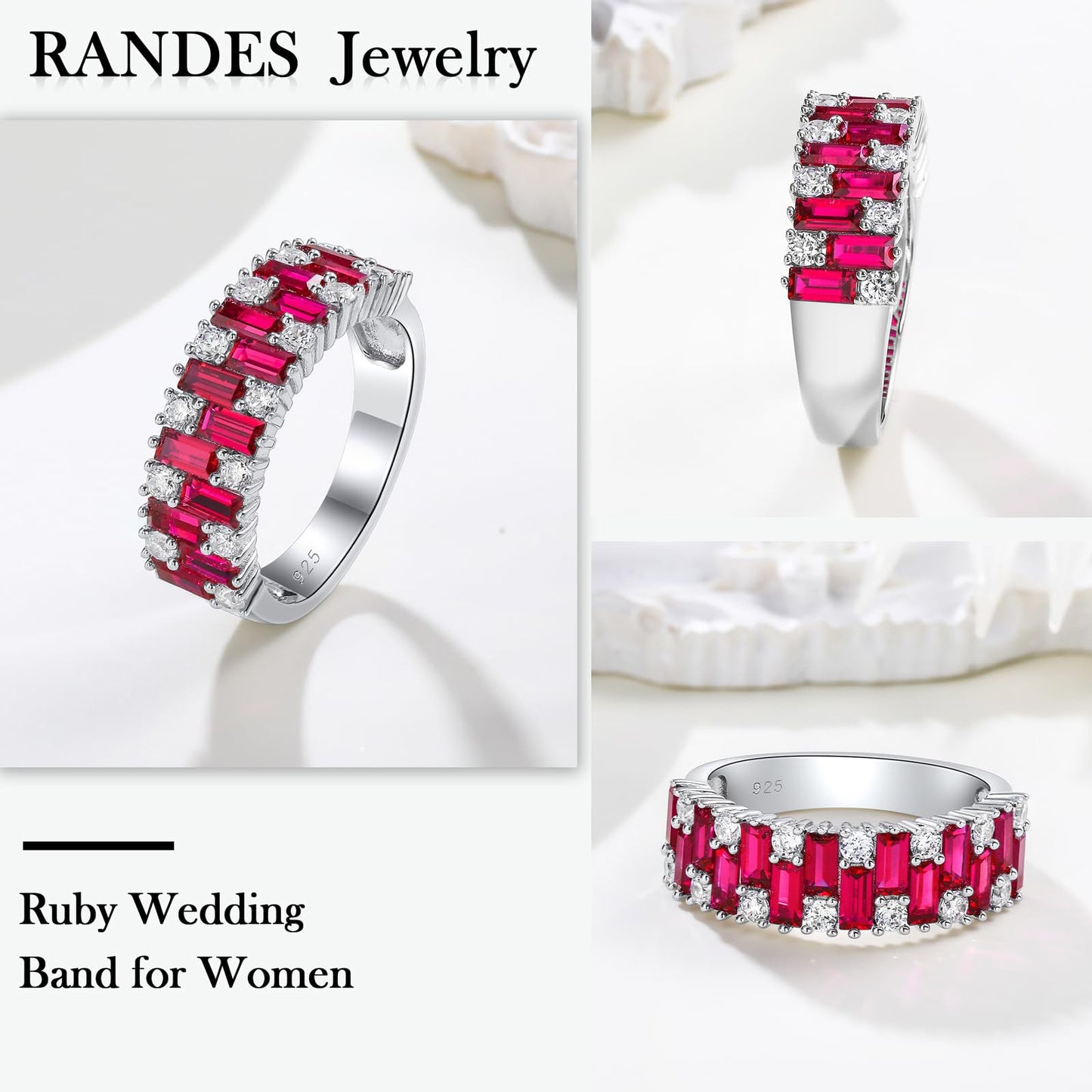 RANDES Ruby Wedding Bands for Her 925 Sterling Silver Emerald Cut Created Red Stone Eternity Band Rings for Women Size 8