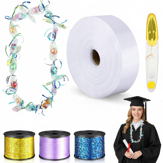 Berlune Candy Lei Making Kit for Graduation Party Favor Include 2 in x 1000 ft Poly Tubing 3 Rolls Curling Gift Ribbon 300 Yd/ 900 ft and Scissor for Hawaii Tropical Wedding DIY(Purple, Blue, Yellow)
