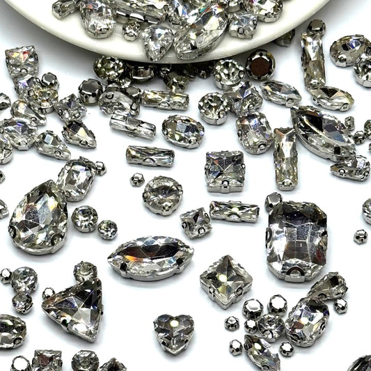 260 PCS/Pack 9 Shapes 24 Sizes Mixed Clear Crystals, Silver Sew on Glass Rhinestones,Crystal Gems Mental Flatback with Silver Claw, for Jewelry Crafts Costume DIY Garment