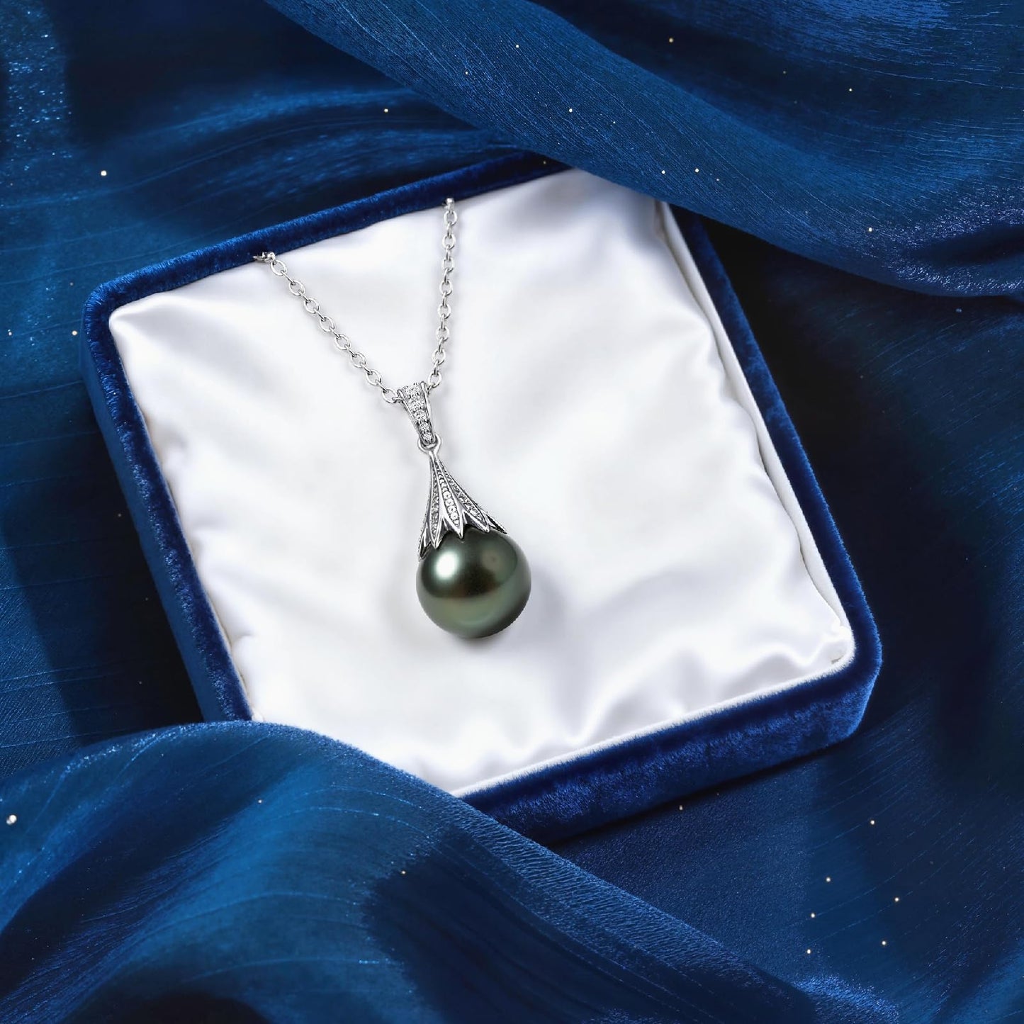 Natural Tahitian Black Pearl Necklace 11-12mm - Christmas Gift for Women Wife, Mom, daughter, Jewelry Gifts for Wedding Anniversary Birthday, Seawater Pearl with Sterling Silver Moissanite Pendant