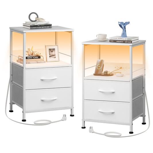 WLIVE White Night Stand Set of 2 with Charger Station, LED Nightstand with 2 Fabric Drawers and Storage Shelf, Bedside Tables with 3 USB Ports and 2 Outlets, Small Dresser for Bedroom,Small Space