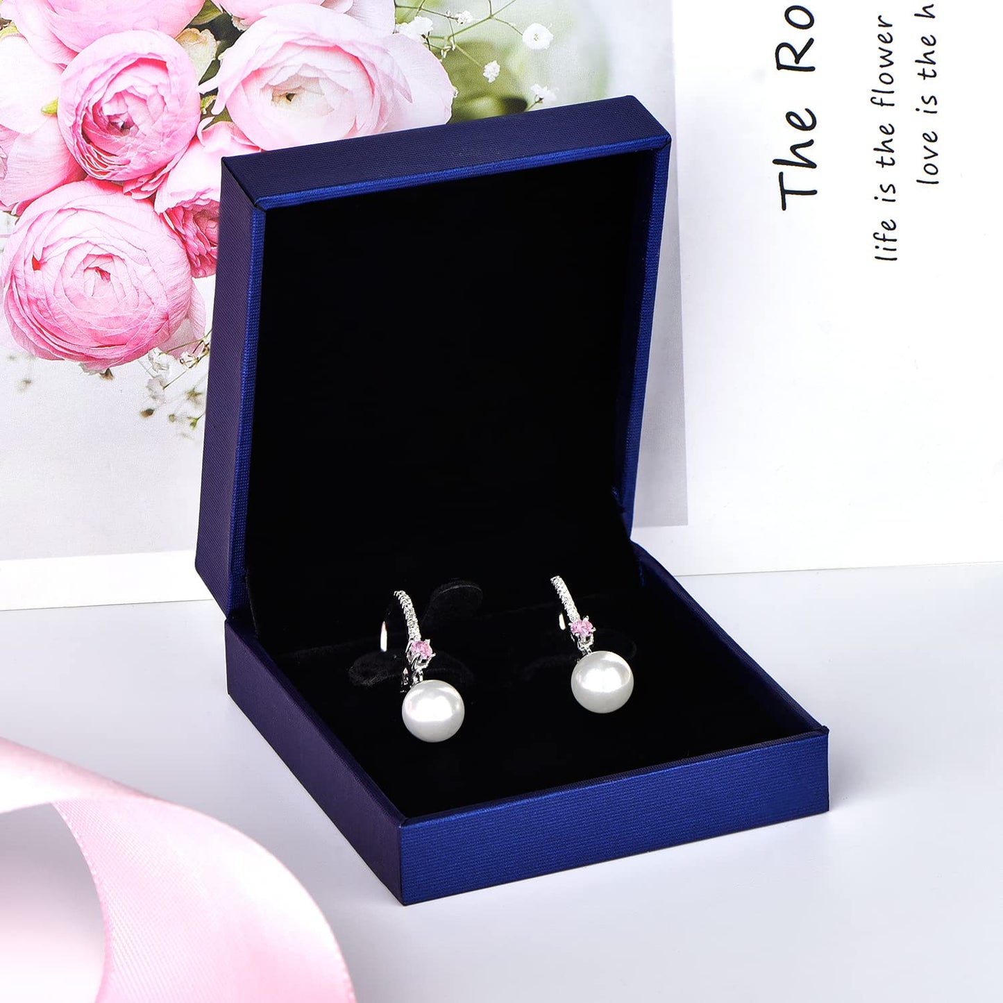 JO WISDOM Pearl Earrings,925 Sterling Silver 8mm Pearl Leverback Drop Earrings with 3A CZ October Birthstone Tourmaline Color,Jewelry for Women