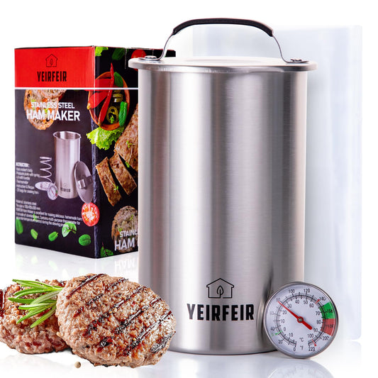 Ham Press with Large Dial Thermometer, 304 Stainless Steel Deli Meat Maker with Cool-Touch Handle for Homemade Healthy Lunch Meat, Includes 20 Cooking Bags & Recipes - YEIRFEIR