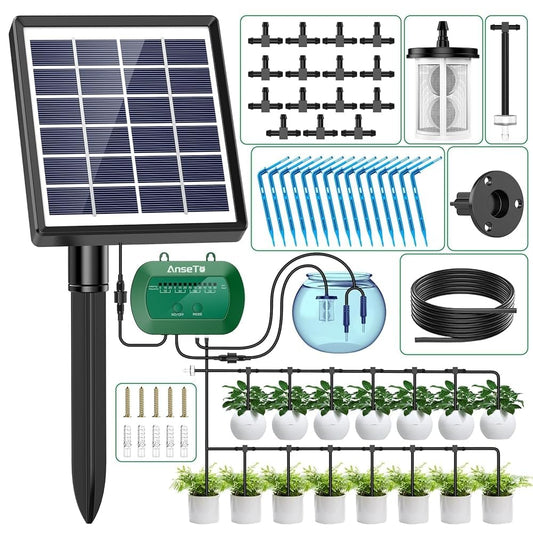 Anseto Solar Drip Irrigation System, Automatic Watering Kit with Split Design & Anti-Siphon Valve, 12 Modes Garden Irrigation System with 49ft Hose for 15 Potted Plants, Patio, Balcony & Greenhouse