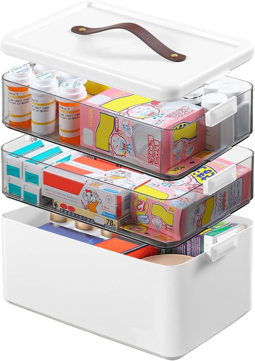 Homaigie Extra Tall 3-Tier Medicine Cabinet Organizer - Portable Storage Box with Leather Handle | Ideal for Home & Travel