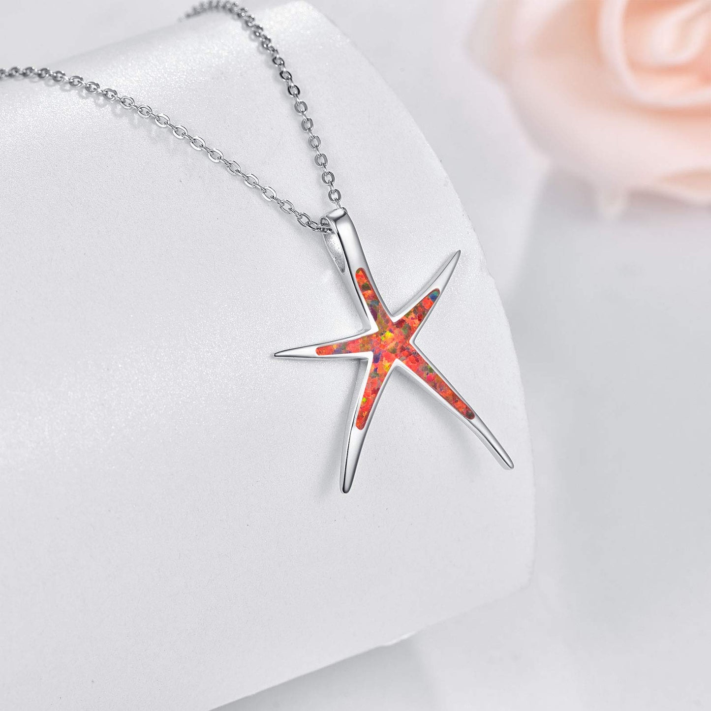 Cuoka Fire Opal Necklace 925 Sterling Silver Starfish Pendant Nautical Beach Sea Ocean Jewelry Valentine Gift for Women Girlfriend with Box