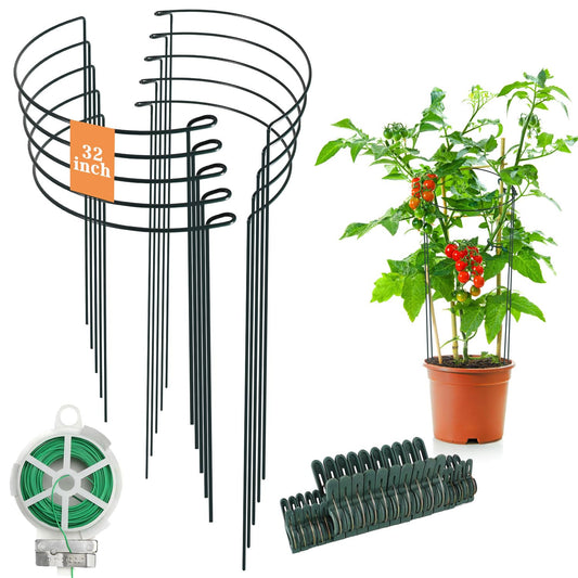 Linyona 32 inch Plant Support Stakes, 10 Pack Half Round Metal Garden Plant Stake Heavy-Duty Plant Support Ring and Cage with Plant Clip & Twist Tie for Indoor and Outdoor Plants, Vegetable, Flowers