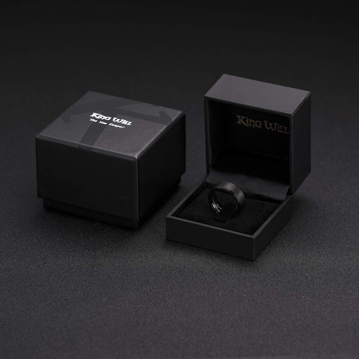 King Will 8mm Men's Black Wedding Ring - Brushed Matte Surface, Beveled Polished Edge, Comfort Fit Size 5