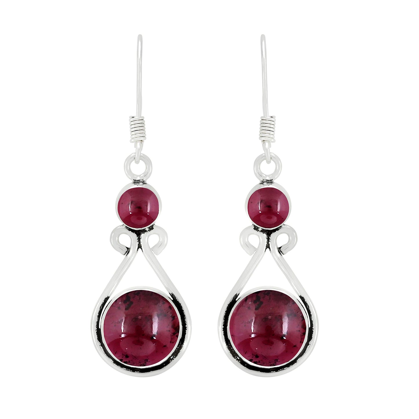 Natural Garnet Silver Plated Dangle Earrings for Women - Januray Birthstone Round Gemstones Drop Earrings Handmade Jewelry - Wedding Christmas Gift for Her