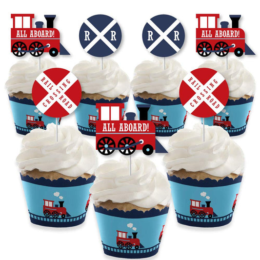 Big Dot of Happiness Railroad Party Crossing - Cupcake Decoration - Steam Train Birthday Party or Baby Shower Wrappers and Treat Picks Kit - Set of 24