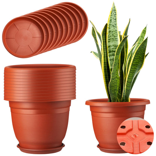 Sunnychicc 12 Pack 10'' Plastic Plant Pots Round Planter Pots with Saucer Tray Seedling Pots with Holes Seed Resin Plant Pot Starting Nursery Flower Container with Pallet for Garden Outdoor Indoor