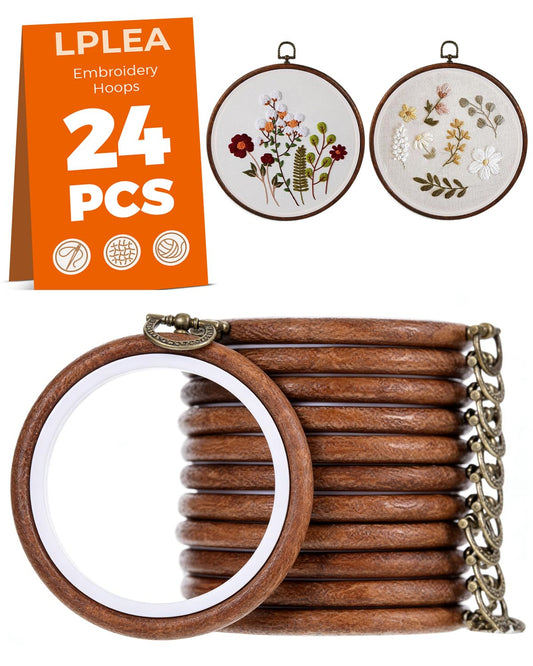 24 PCS 5Inch Round Embroidery Hoop Ring, Imitated Wood Cross Stitch Display Frame,Rubber Material Embroidery Hoop Kits for DIY Craft Sewing Hanging Gifts Christmas Halloween Ornament