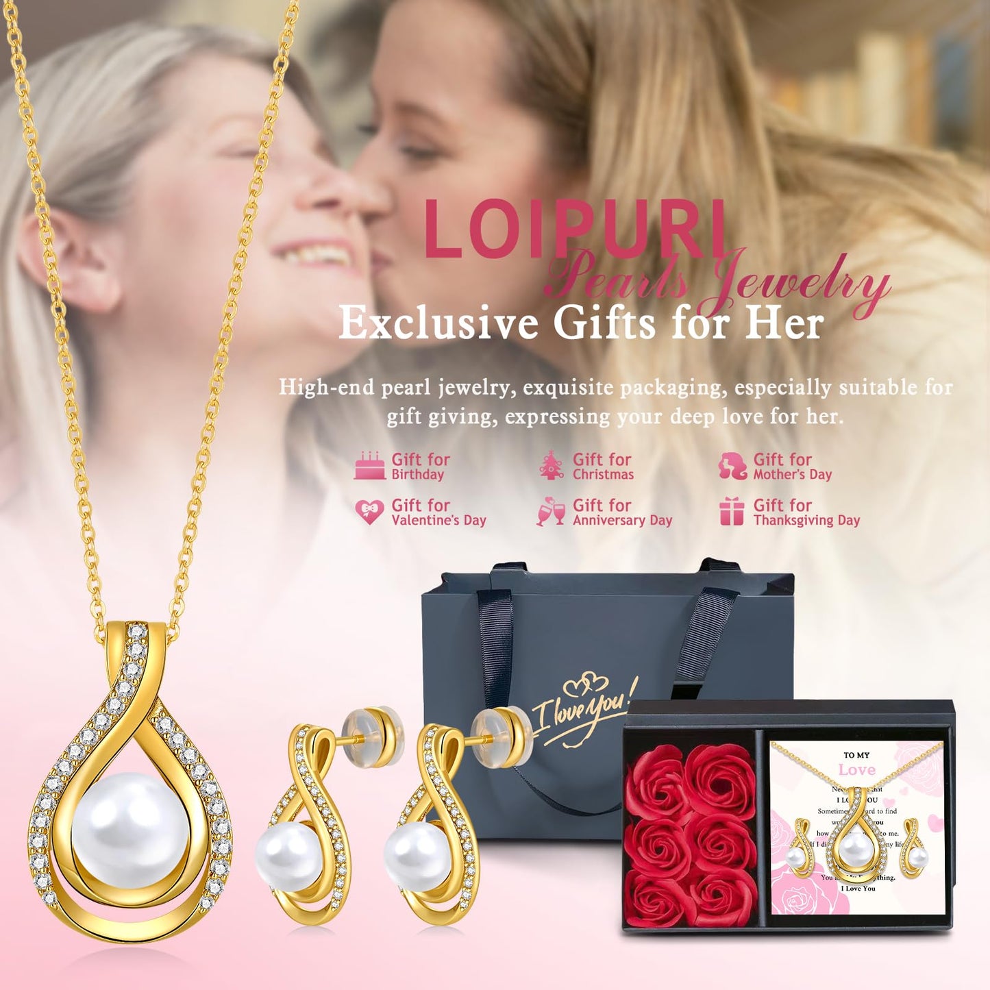 LOIPURI Infinity White Pearl Necklace and Earrings Set for Women Gifts for Mom Birthday Mothers Day AAA+Handpicked Pearl 14K Gold Plated Adjustable Jewelry