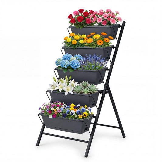 Giantex 5-Tier Vertical Garden Planter, Raised Garden Bed w/Drainage System & Removable Tray, Metal Frame Elevated Planter Boxes for Herb Vegetable Flower Grow, Outdoor Indoor Patio Balcony Backyard