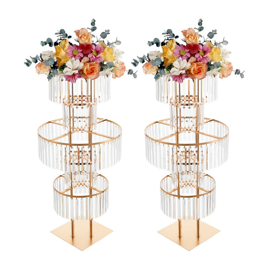 2 PCS 5 Tier Crystal Flower Stands, 43.3in Tall Wedding Centerpieces, Crystal Flower Stand with Hanging Crystals for a Wedding, Birthday Party, Celebration, Home Decoration, Living Room (Gold, Square)