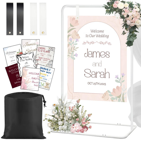 Jsngbse Adjustable Wedding Welcome Sign Stand with 2 Pair Hanging Straps, Welcome to Our Wedding Sign Holder Stand for Reception, Heavy Duty White Easel Stands for Sign Poster, Metal Floor Standing