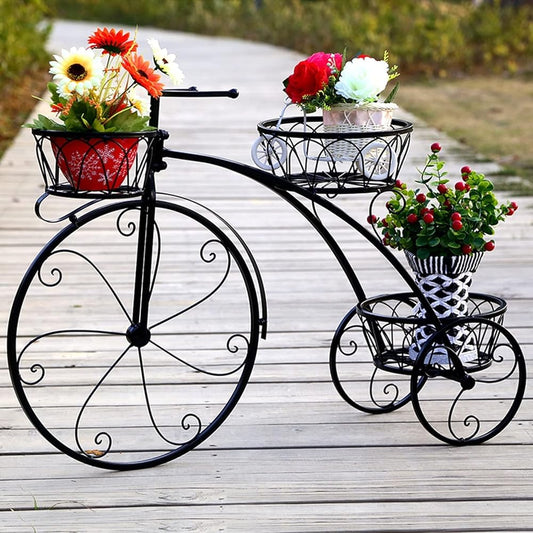QUANBU Metal Bicycle-Shaped Planter Rack Tiered 3-Pot Plant Flower Display Stand | Indoor/Outdoor Garden Plant Shelf Holder(Color:Black)