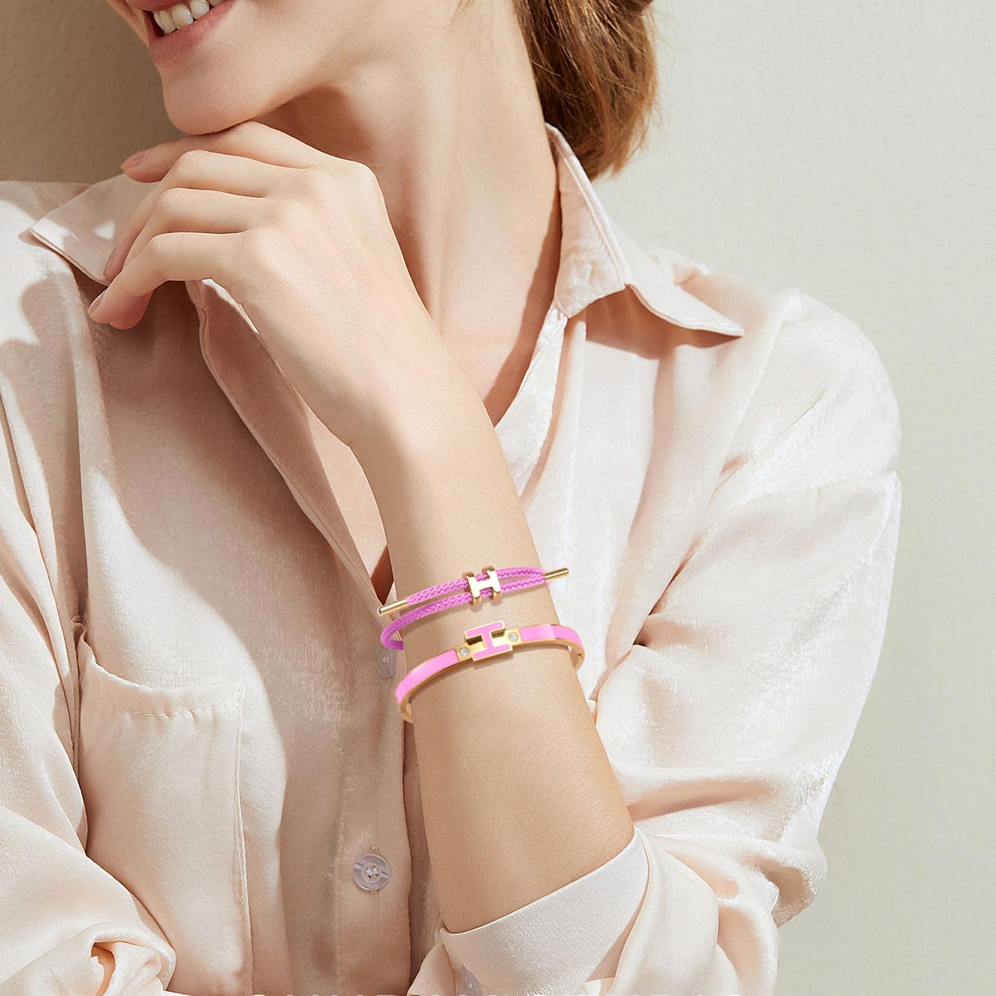 Hothink H Bracelets for Women,H Bangle and H Wire Rope Bracelet Set,Dainty Gold Bracelets Set for Christmas Mothers Day Gifts for Women (Gold-Pink)