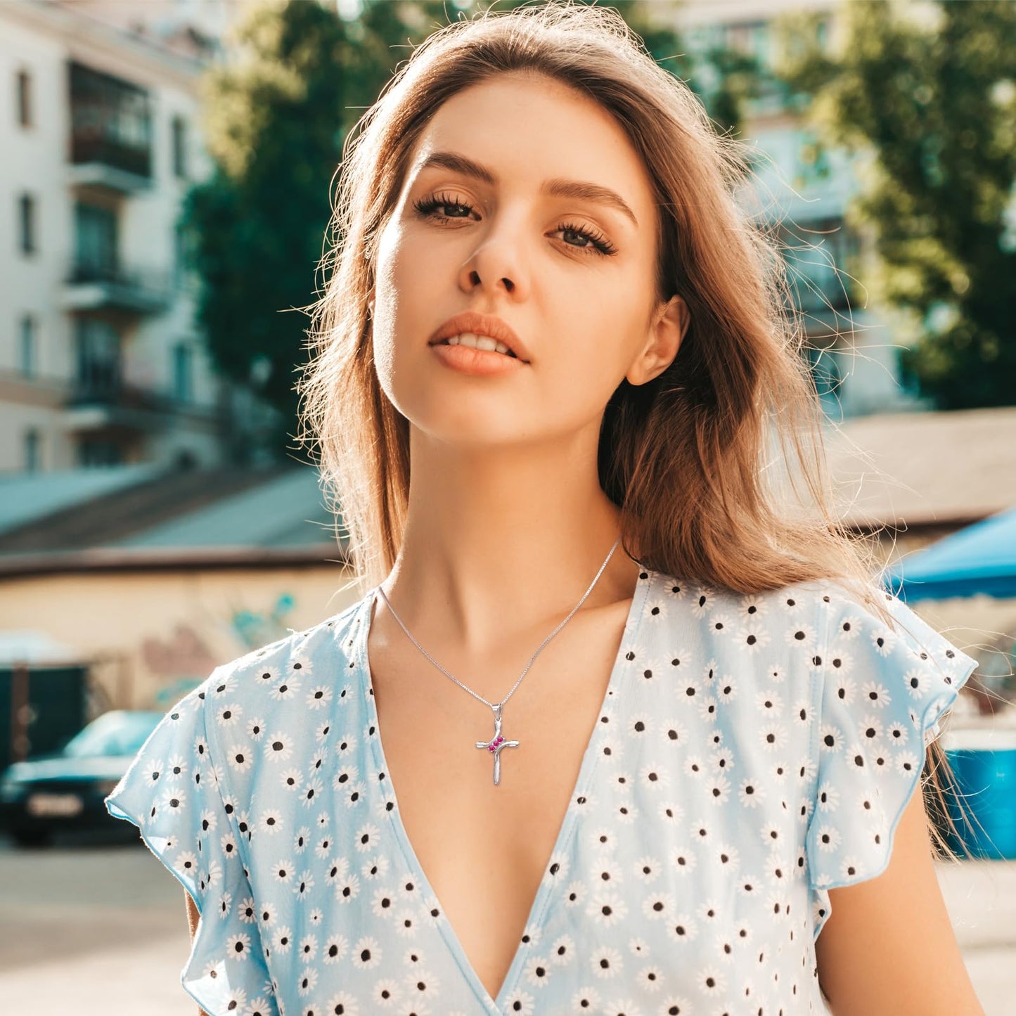 EVERU S925 Sterling Silver Cross Necklace for Women Birthstone Necklace with Cubic Zirconia 18K Gold Plated Cross Pendant Jewelry Ideal Gift Dark Red Ruby July