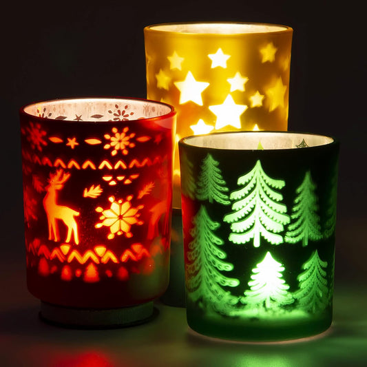 Rancco Tealight Candle Holders - Festive Indoor Xmas Decor | Elk, Christmas Tree & Stars Designs, 3.3x2.6in