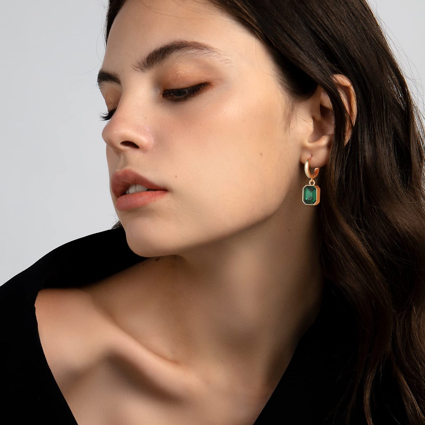 Birthstone Crystal Dangle Drop Earrings, 18K Gold Plated Huggie Hoop Hypoallergenic Earring Jewelry Gifts for Women (Green)