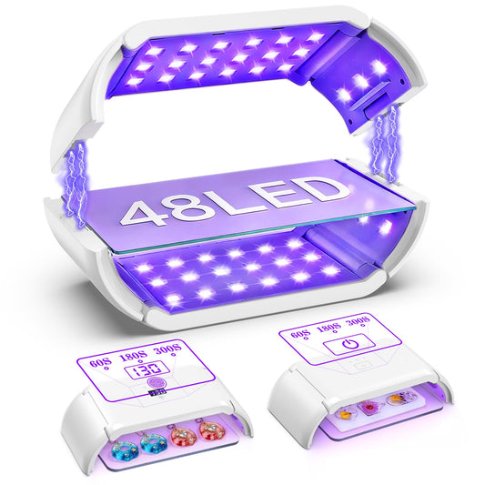 UV Light for Resin — 48W 48 LEDs Large Double-Sided 360° Lamp, 365-405nm, 1-10min Timer, 2 Heat-Resist PC Boards&2 USB Cables, for Molds, Jewelry, Crafts & Batch Curing — for Beginners, DIYers & Pros
