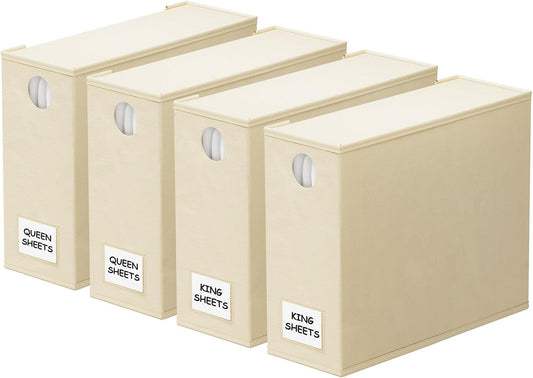 SpaceAid Bed Sheet Organizers - Foldable Linen Closet Storage with Window | XL for Queen & King Size, Beige