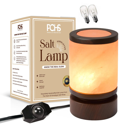 POHS Himalayan Pink Salt Round Lamp with Premium Brown Polished Wooden Base, 60'' Long Dimmer Switch Cord and Two Light Bulbs; Hand Crafted,for Home, Office and Gift for Christmas