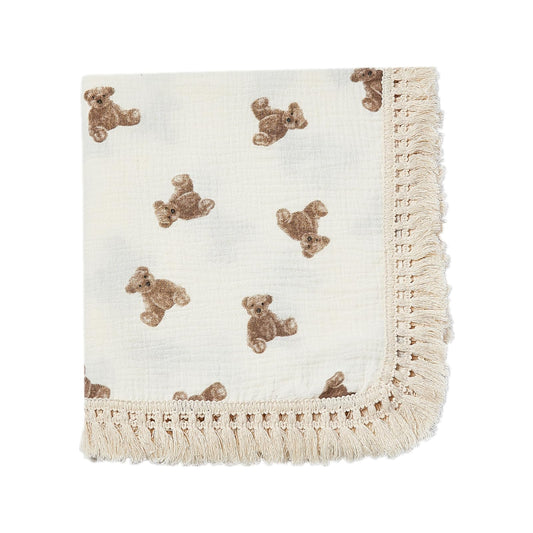 insular Cotton Muslin Baby Blanket with Tassel, Boho Bohemian Muslin Swaddle Blanket Baby Receiving Blanket with Fringe, Nursery Decor Throw or Nursing Blankets, 47" x40”, Little Bear
