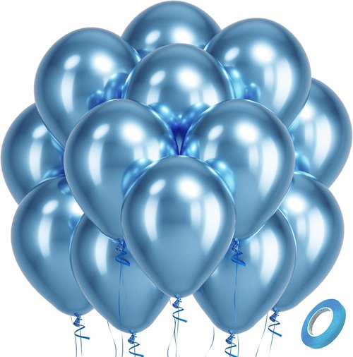 Bezente Metallic Light Blue Latex Balloons - 100 Pack 12-Inch Chrome Helium Balloons for Parties