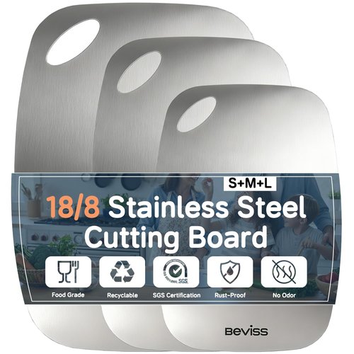 Beviss Non-Toxic Cutting Board Set of 3, 304 Stainless Steel Cutting Board Double Sided, Chopping Board for Kitchen, Dishwasher Safe Chopping Board for Meat, Vegetables or Fruit, S+M+L