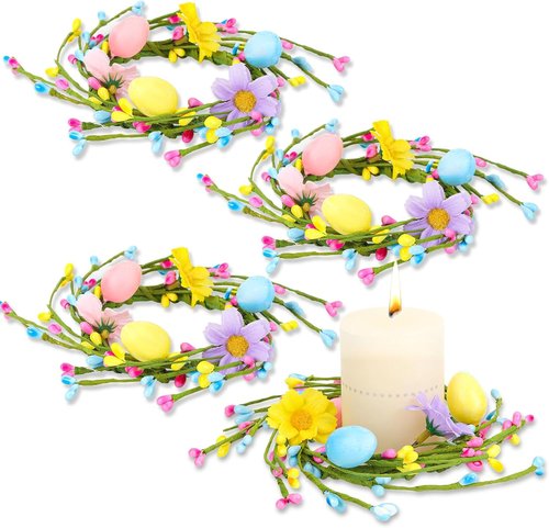 Jansun Easter Candle Rings - 4 Pcs Mini Wreaths with Pink & Blue Eggs for Table Decor | Festive Centerpieces