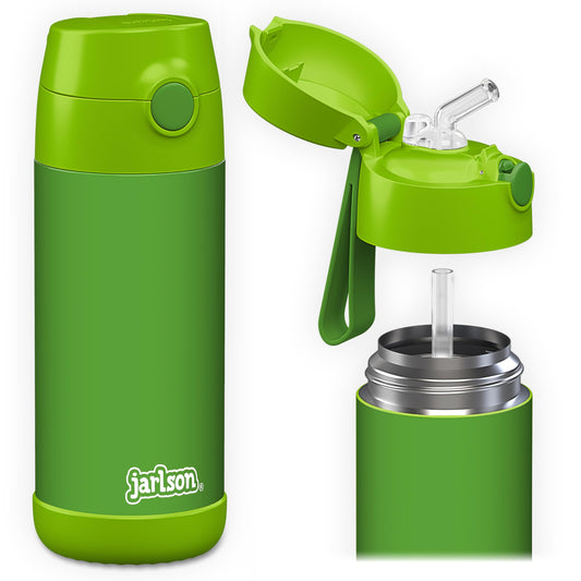 Jarlson® Kids Water Bottle CHARLI [12OZ] - Stainless Steel Thermo Bottle with Straw - Insulated, Spill Proof Waterbottle for School & Sports - Thermo Tumbler for Boys & Girls (Green)