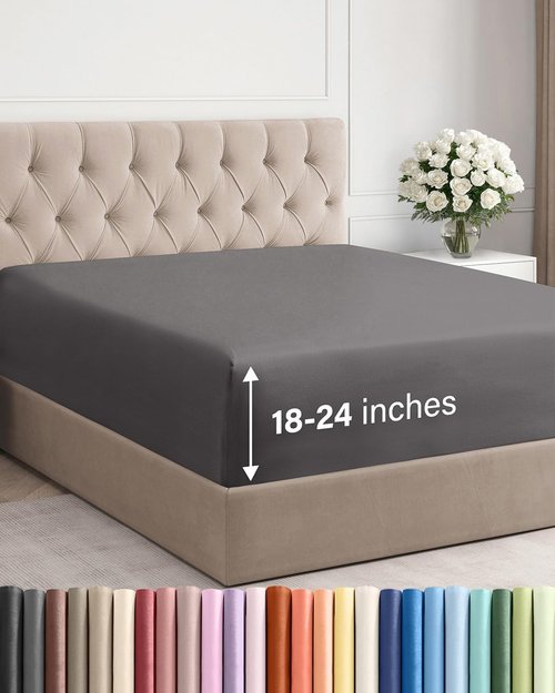 Hotel Luxury Extra Deep Queen Fitted Sheet - Ultra Soft & Breathable - Fits 18-24 Inch Mattresses - Dark Grey