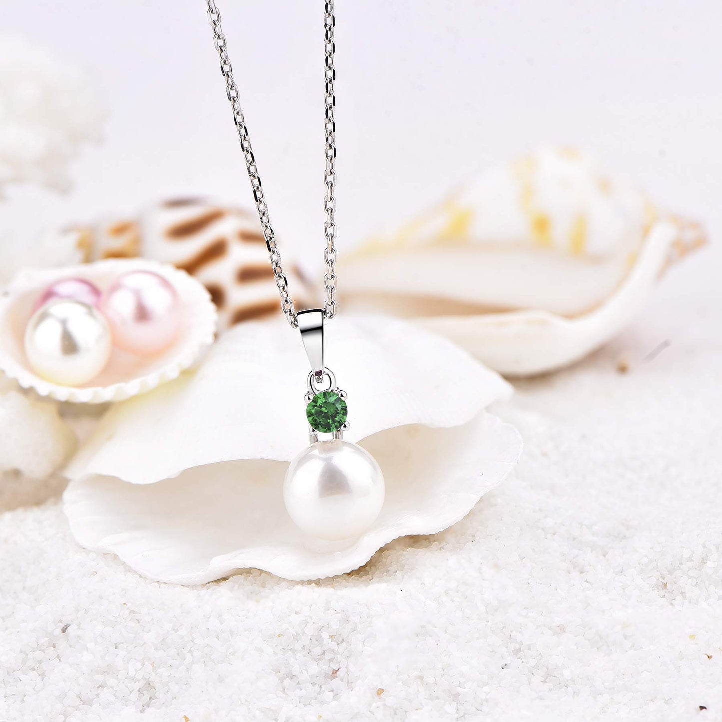 JO WISDOM Pearl Necklace,925 Sterling Silver Cubic Zirconia 10mm White Freshwater Pearl Pendant Necklace,Created Emerald May Birthstone Jewelry for Women
