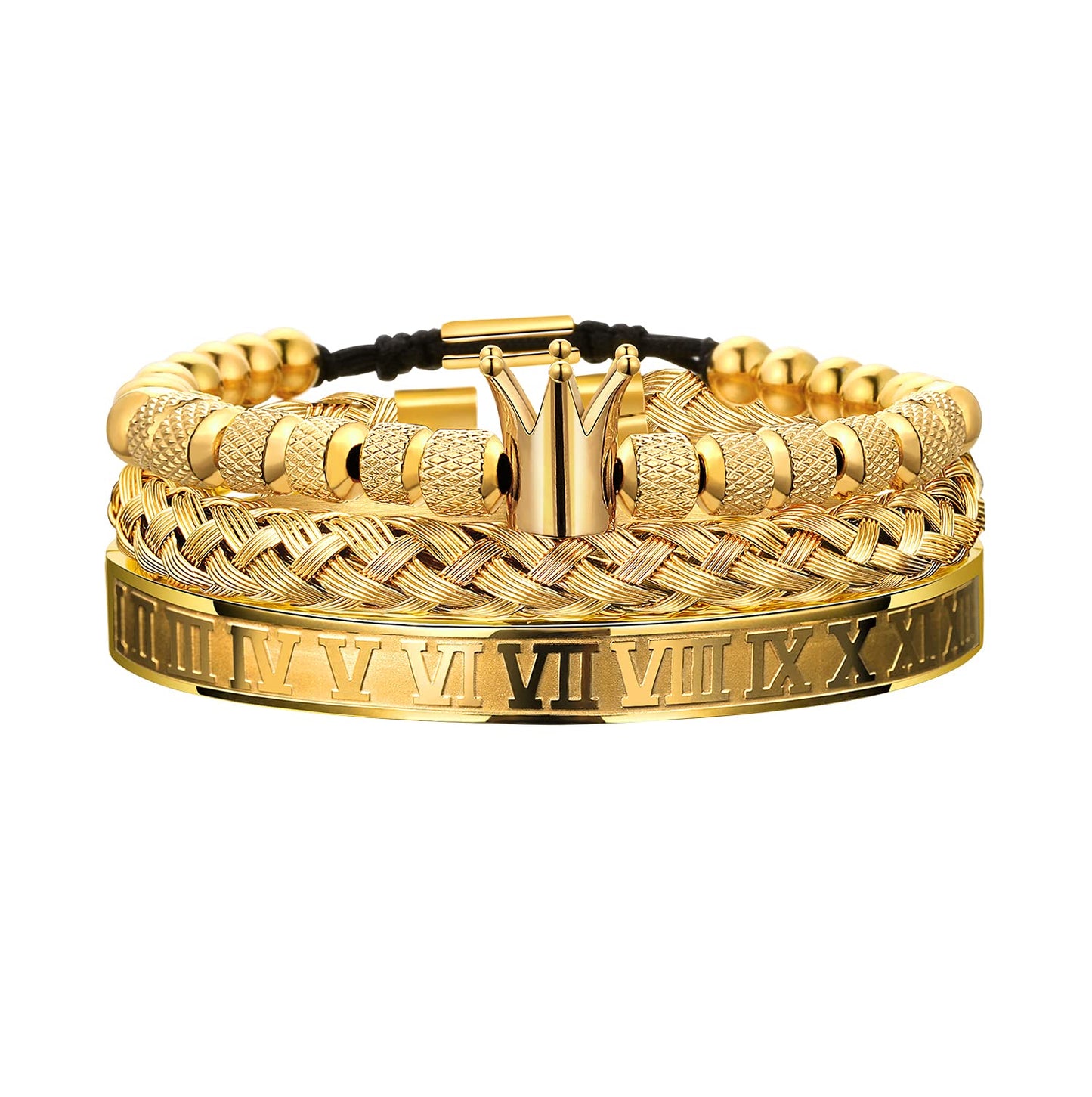 WFYOU 3PCS Stainless Steel Bracelets for Men Gold Roman Numeral Bangle Bracelet Twisted Cable Bracelet Adjustable Cuff Bracelet Mens Luxury Jewelry Bracelets Gifts